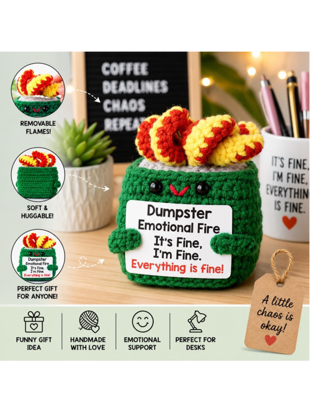Dumpster Fire Crochet Plush | It’s Fine, I’m Fine Emotional Support Gift